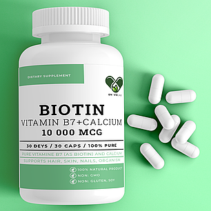 Біотин для волосся 10 000 мкг. PREMIUM з кальцієм (Biotin 10 000 mcg.) EN'VIE LAB 30 капсул, фото 1