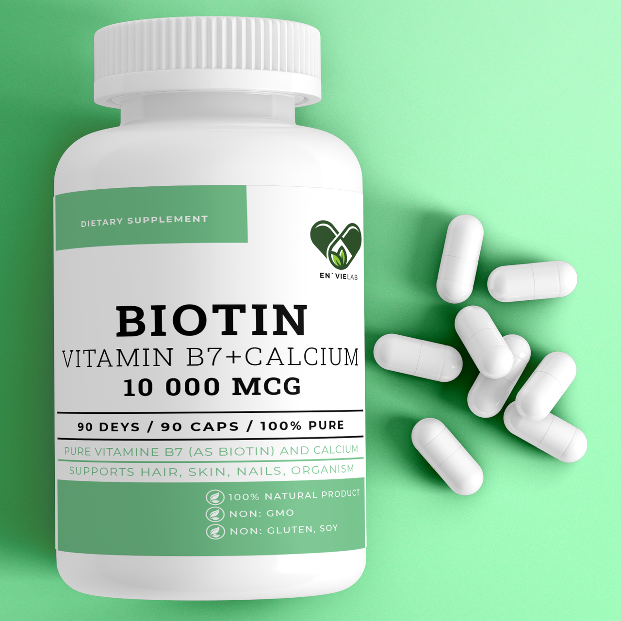 Біотин для волосся 10 000 мкг. PREMIUM з кальцієм (Biotin 10 000 mcg.) EN'VIE LAB 90 капсул