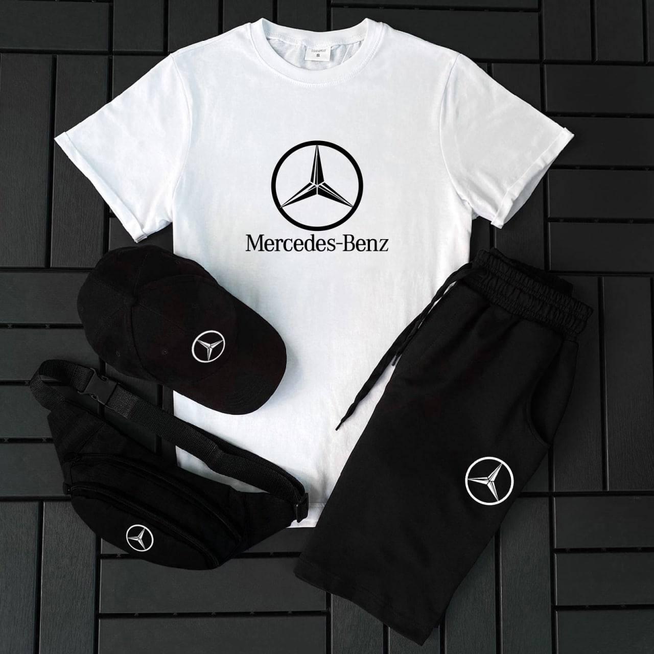 Комплект літній чоловічий Mercedes Benz | Набір літній футболка + кепка + бананка + шорти