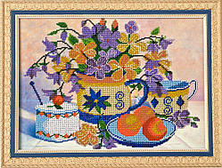 Схема для вишивки бісером Натюрморт з квітами і персиками Н-008 (габардин)