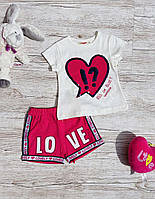 Летний костюм для девочки Love c малиновыми шортами 92-110 рост Турция