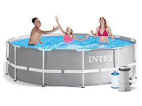 Басейн каркасний круглий (366x99см, 8592л, фільтр-насос, сходи) Intex 26716 NP Сірий