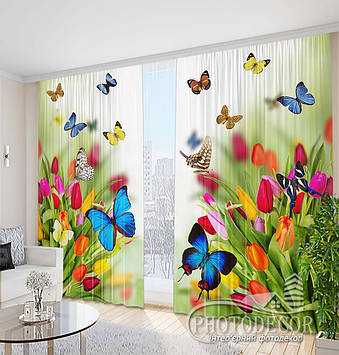 Фото Штори "Тюльпани з метеликами" 2,7м*2,9м (2 полотна по 1,45м), тасьма