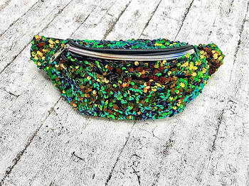 Сумка на пояс бананка яскрава стильна блискуча з паєтками 12*32 см на блискавці чудової якості Luna Зелений