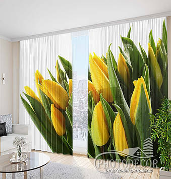 Фото Штори "Жовті з білими тюльпанами" 2,5м*2,9м (2 полотна по 1,45м), тасьма