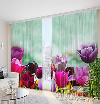 Фото Штори "Різнокольорові тюльпани на салатовому фоні" 2,5м*2,9м (2 полотна по 1,45м), тасьма