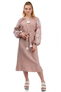 Сукня вишиванка Купава з довгим рукавом, беж. Льон-габардин, розміри S-3XL.