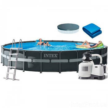 Басейн каркасний круглий (732-132см, 47241л, фільтр-насос, сходи, підстилка, тент) Intex 26340 Сірий