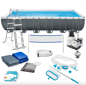 Басейн каркасний прямокутний (732-366-132см, 31805л, фільтр-насос, сходи, підстилка) Intex 26368 Сірий