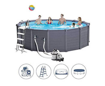 Басейн каркасний круглий (478-124см, 16805л, фільтр-насос, сходи, підстилка, тент) Intex 26384 Сірий