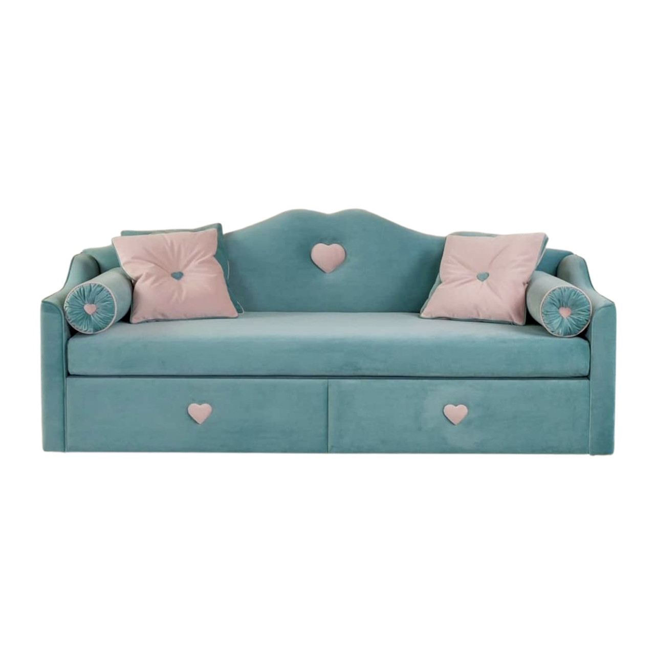 Дитячий диван для щоденного сну MeBelle BELVAL 90х190 з висувними ящиками, бірюзовий, світло-рожевий велюр