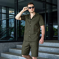 Мужская рубашка льняная на лето Megapoli хаки Рубашка легкая летняя повседневная классическая