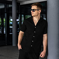 Мужская рубашка льняная на лето Megapoli черная Рубашка легкая летняя повседневная классическая