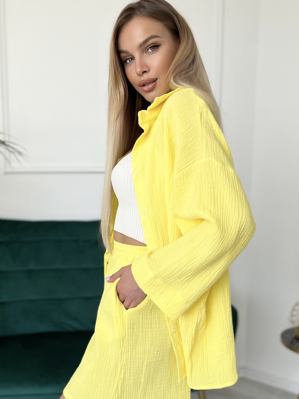 Костюм сорочка та шорти, розмір 46-48, колір жовтий, фото 1