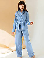 Пижама женская атласная с поясом. Комплект шелковый для дома, сна с длинным рукавом, р. L (голубой)
