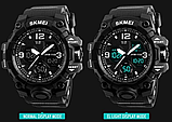 Кварцові тактичні годинники skmei чорні чоловічі круглі наручні годинники з каучуковим ремінцем, фото 4