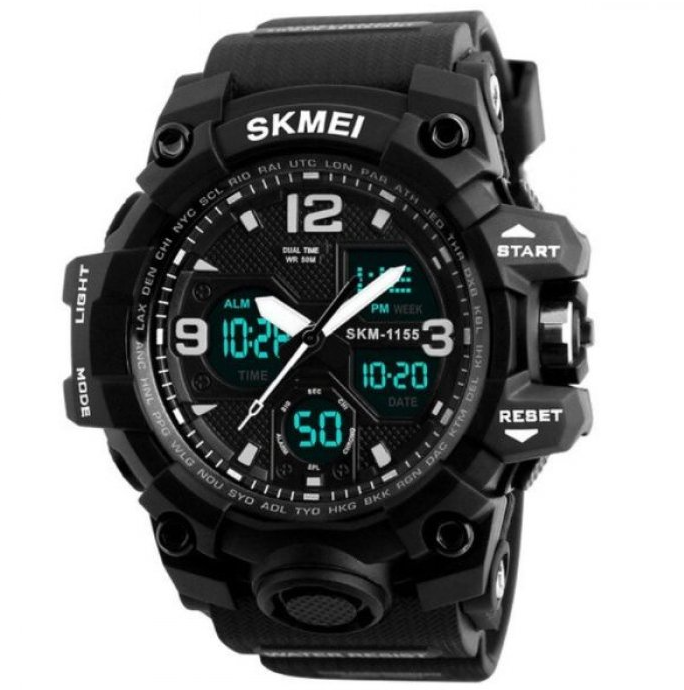 Кварцові тактичні годинники skmei чорні чоловічі круглі наручні годинники з каучуковим ремінцем, фото 1