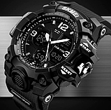 Кварцові тактичні годинники skmei чорні чоловічі круглі наручні годинники з каучуковим ремінцем, фото 6