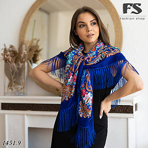 Синя (електирик)  народна хустина з густими китицями Гармонія Квітів