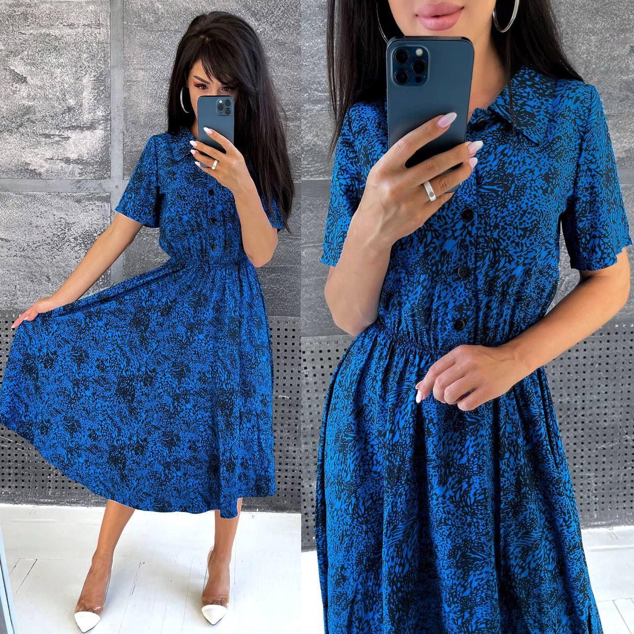 Літня сукня сорочка в принт довжиною міді з коротким рукавом (р. 42-52) 9PL4111, фото 1