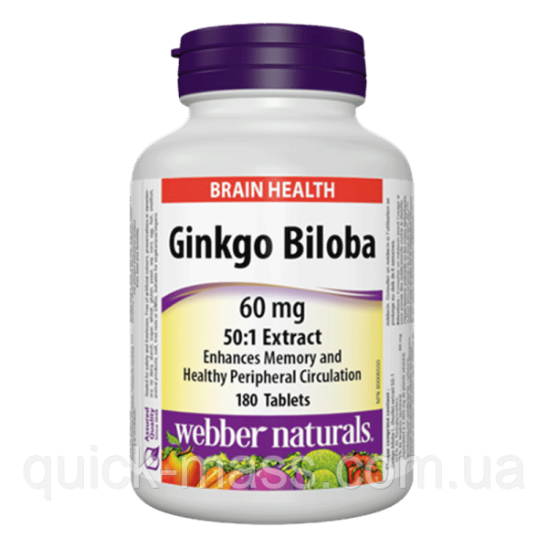 Вітаміни для покращення пам'яті Гінкго Білоба Webber Naturals Ginkgo Biloba 60 mg 180 таблеток