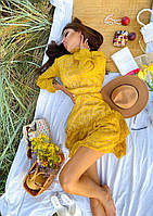 Шифонова сукня з спідницею, що розкльошує, з оборками і коміром стійкою в квітковому принті (р. 42-46) 8PL4117