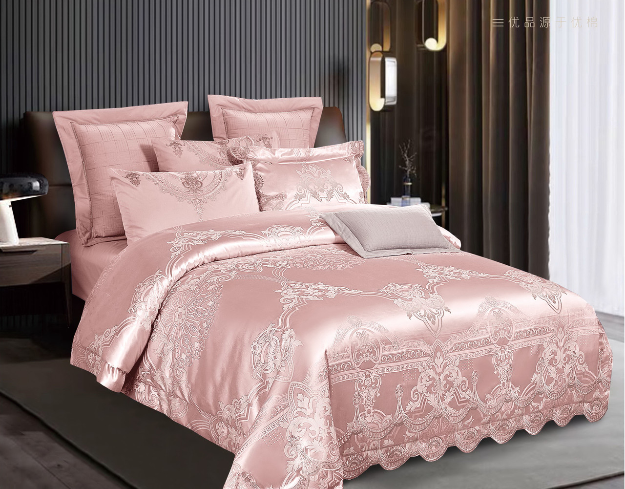 Комплект постільної білизни Bella Villa Сімейний жаккард сатин з вишивкою рожевий