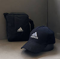 Мужская кепка бейсболка комплектом с сумкой на плечо Adidas черная (комплект темщик кепка+сумка)