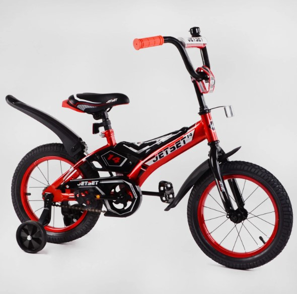 Дитячий велосипед Corso Jet Set JS-N1402 діаметр коліс 14", страхувальні колеса, ножне гальмо та дзвіночок