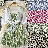 Літній жіночий комплект двійка: сарафан на бретелях із квітковим принтом і прозора блуза