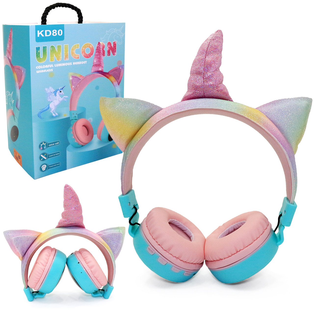 Бездротові навушники з вушками та рогом Unicorn KD80 Єдиноріг з підсвічуванням 17*21*7 см (bleu), фото 1
