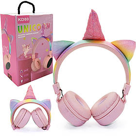 Бездротові навушники з вушками та рогом Unicorn KD80 Єдиноріг з підсвічуванням 17*21*7 см (pink)