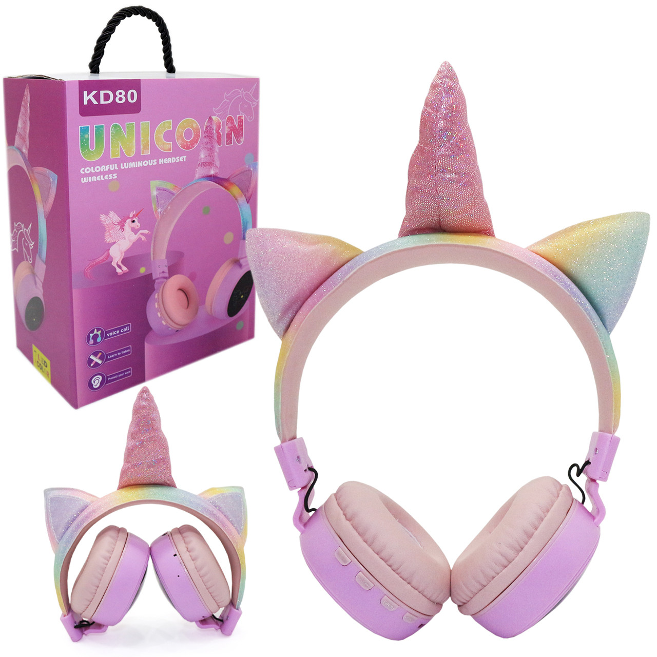 Бездротові навушники з вушками та рогом Unicorn KD80 Єдиноріг з підсвічуванням 17*21*7 см (purple), фото 1