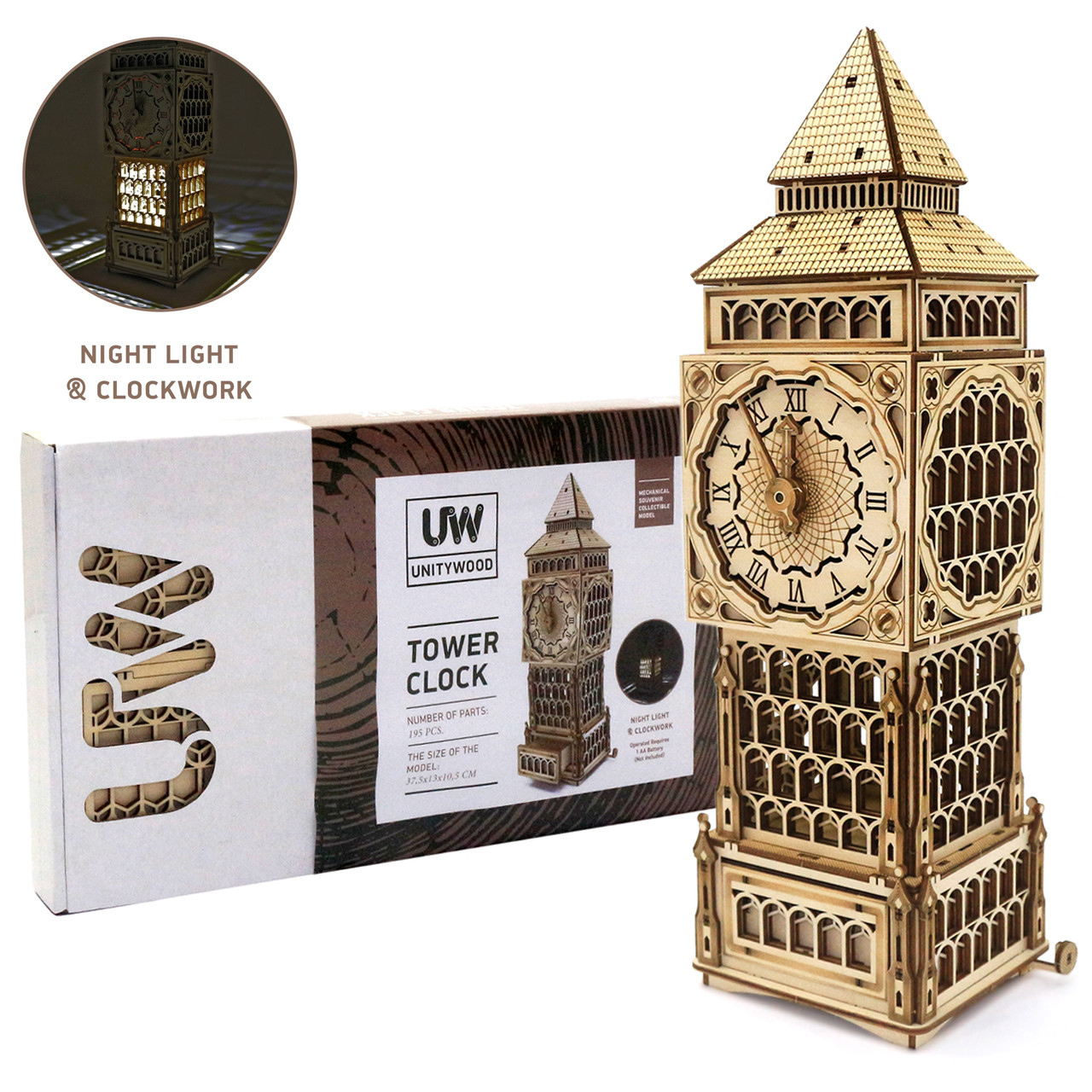 Дерев'яний 3D конструктор Годинник Світильник Скринька Tower Clock UnityWood 195 деталей 37,5*513*10,5 см (UW-013)