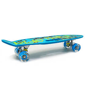 Пенні борд (скейт) блакитний з світяться колесами і ручкою. Безшумний Penny Board, 59 * 16 * 10 см, (MS 0461-2)