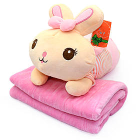 М'яка іграшка-подушка Зайчик з пледом «Копиця» 3 в 1 рожевий 50*30*20 см (21510)