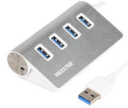 Адаптер Пристрій USB Hub Maxxter HU3A-4P-01  на 4 порти USB 3.0, сріблястий (код 126088)