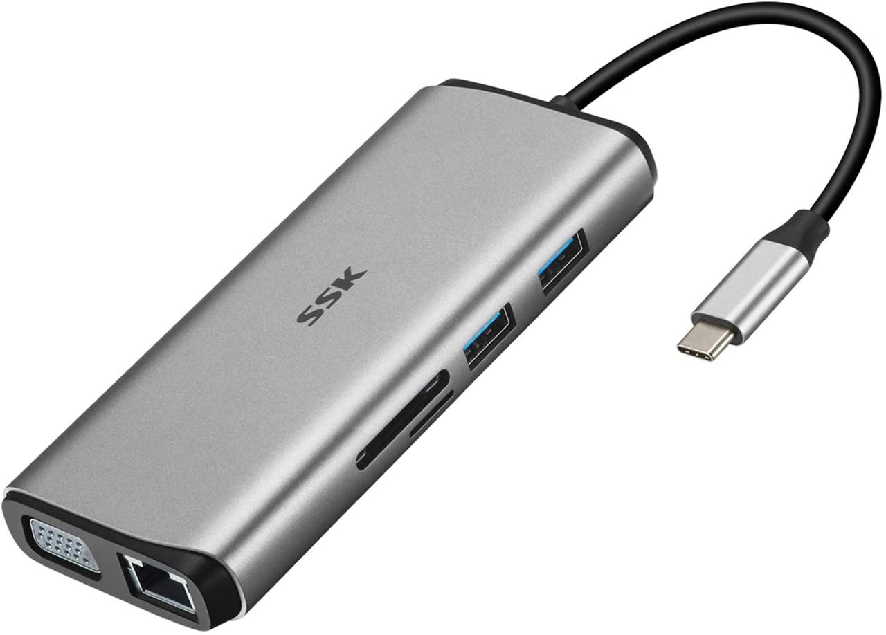Док-станция SSK SC200 OEM: Multiport Hub Type-C to RJ45 Ethernet 2xHDMI VGA SD/TF Card Reader for Mac