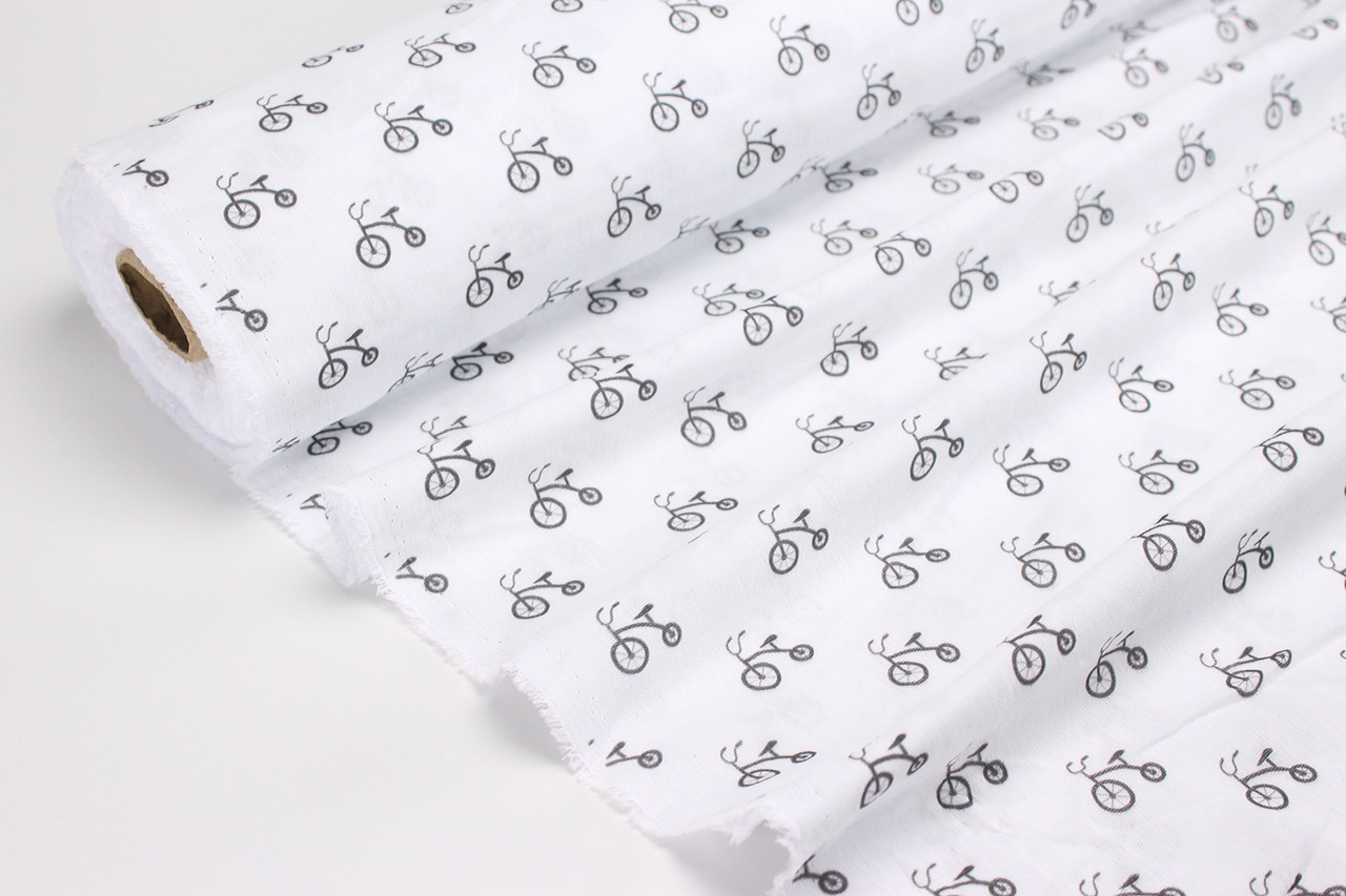 Муслін двошаровий цифровий друк "Велосипеди" чорні на білому № МЦ 1-009, фото 1