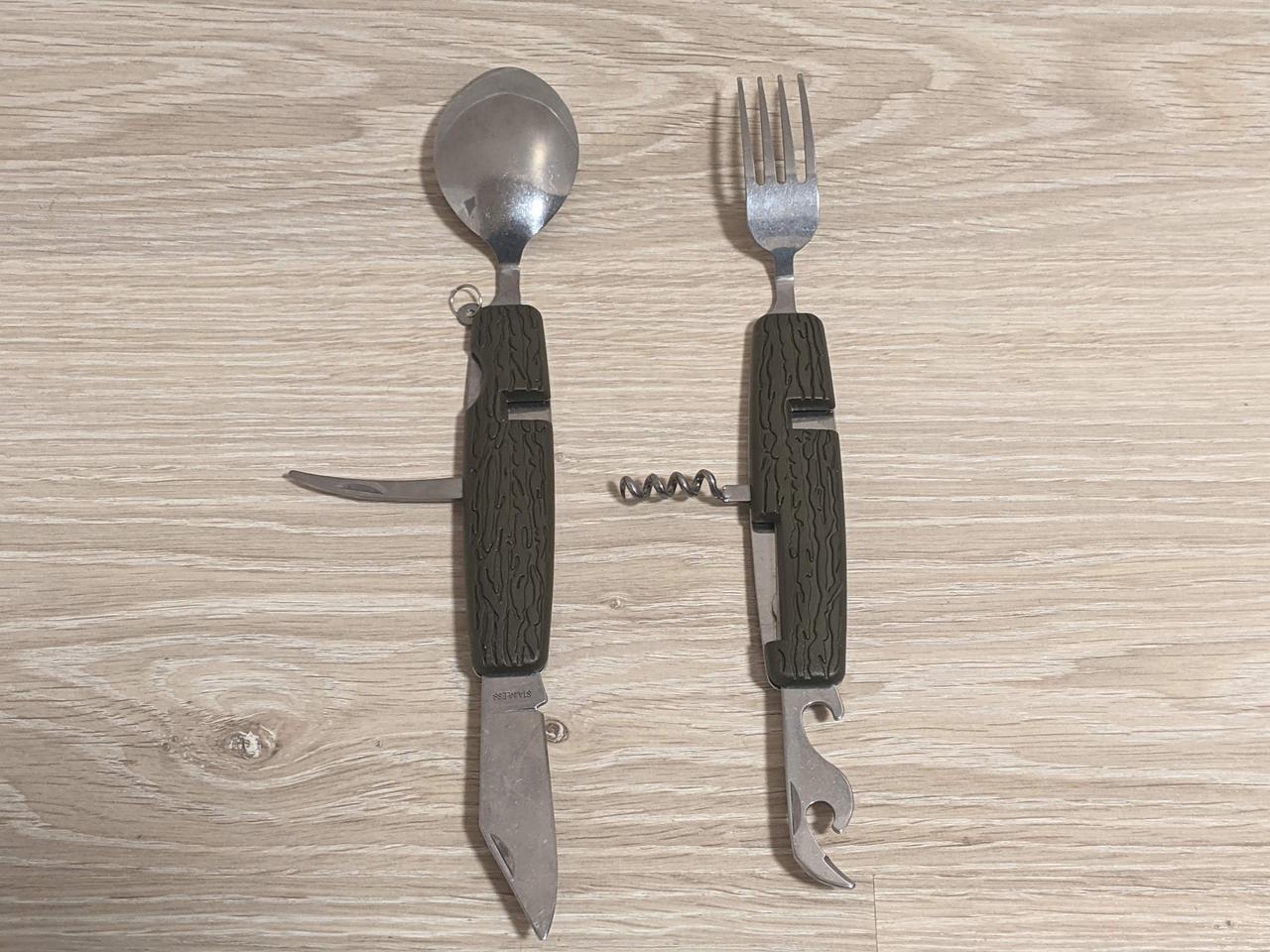 Туристичний похідний мультитул з ложкою та вилкою великий, Набір складних столових приборів 12 см