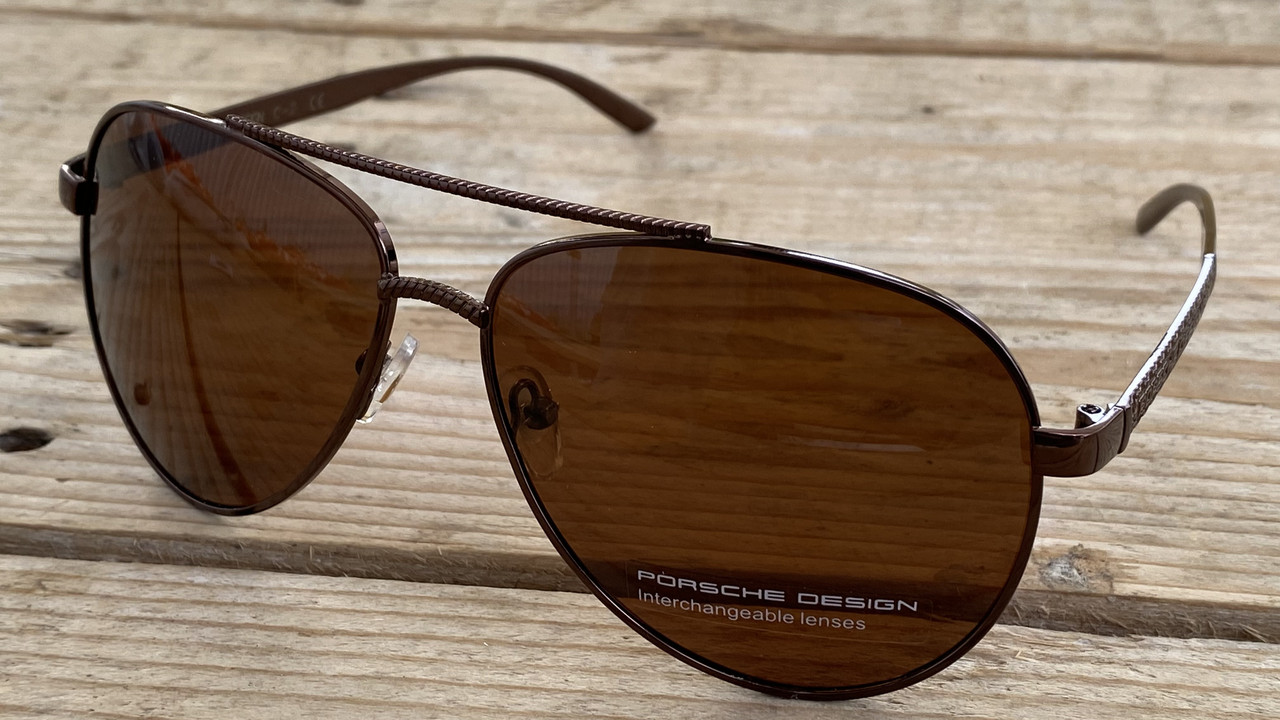Чоловічі сонцезахисні окуляри авіатор скла полароїд Porsche Design коричневі поляризаційні металеві