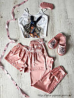 Піжама: штани, шорти і майка жіноча шовкова з принтом I can & I do персикова