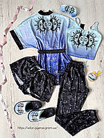 Комплект (піжама і халат) жіночий шовковий з принтом Sun&Moon синій