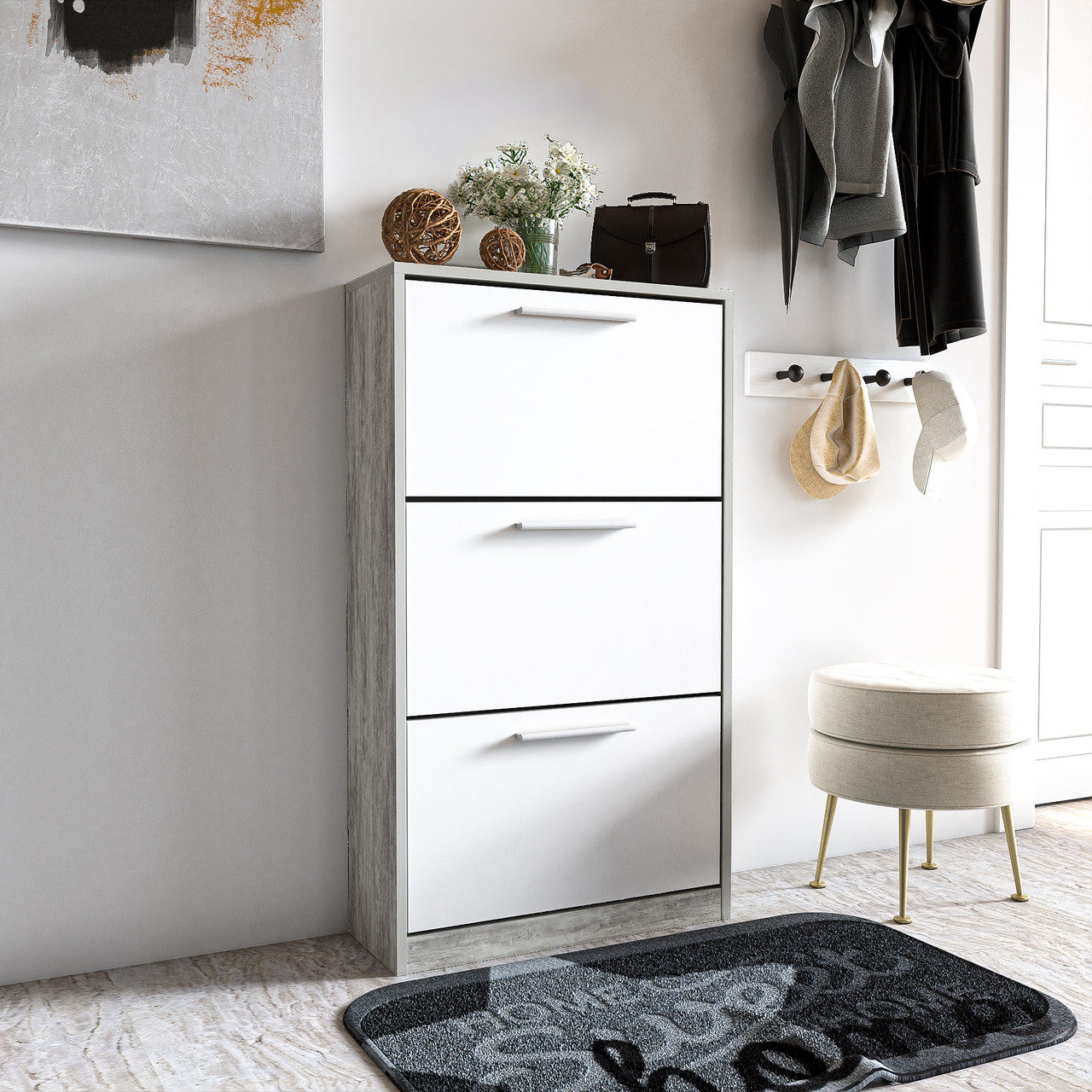 Тумба для взуття Moreli S-21 Ш590/В1200/Г280 Бетон-Білий, фото 1