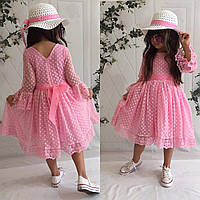 Платье для девочки нарядное с нежным кружевом в крупный горох, в розовом цвете
