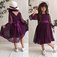 Платье для девочки нарядное с нежным кружевом в крупный горох, в фиолетовом цвете 8-9 лет