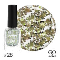 Лак для ногтей GO Active Nail in Color №28 Золотисто-салатовый с серебряными блестками 10 мл (17075L')