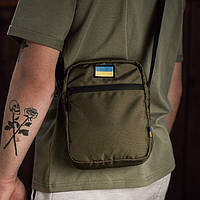 Мужские сумки через плечо тканевая хаки, Хаки мужская тканевая сумка (тактическая барсетка) шеврон Украина
