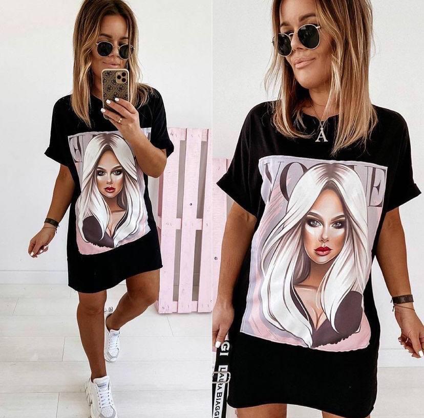 Стильна сукня-футболка міні жіноча оверсайз з принтом Sma7468