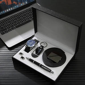 Подарунковий чоловічий набір M975, ремінь, ручка, брелок, годинник, запонки